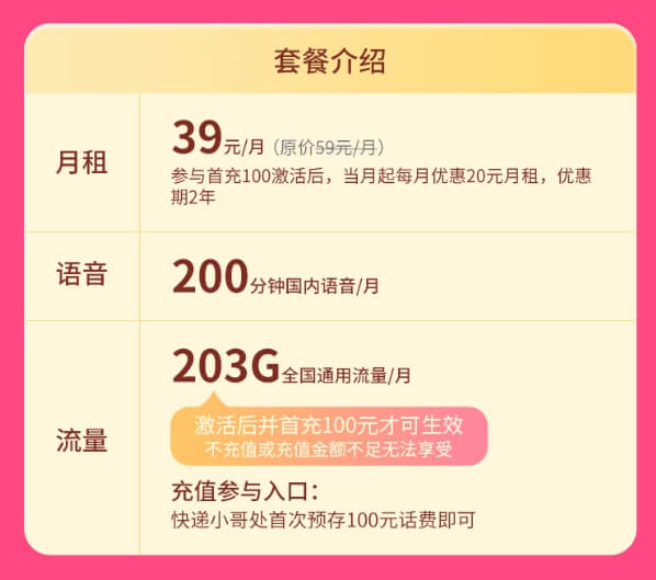 联通天辰卡套餐介绍申请入口（203G全国通用流量+200分钟通话，39元/月）