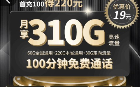 四川电信超大流量卡———电信星跃卡（19元/月，310G流量+100分钟通话）