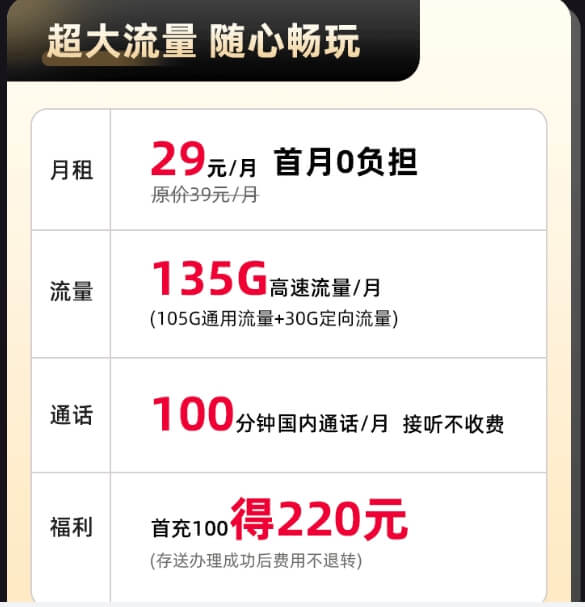 电信星麒卡申请入口（首月0月租，次月起29元/月，135G流量+100分钟通话)