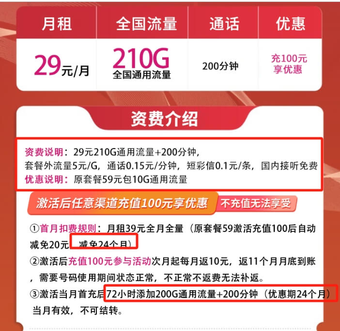 联通大宝卡套餐介绍（联通大宝卡正规申请入口，29元/月，210G+200分钟）