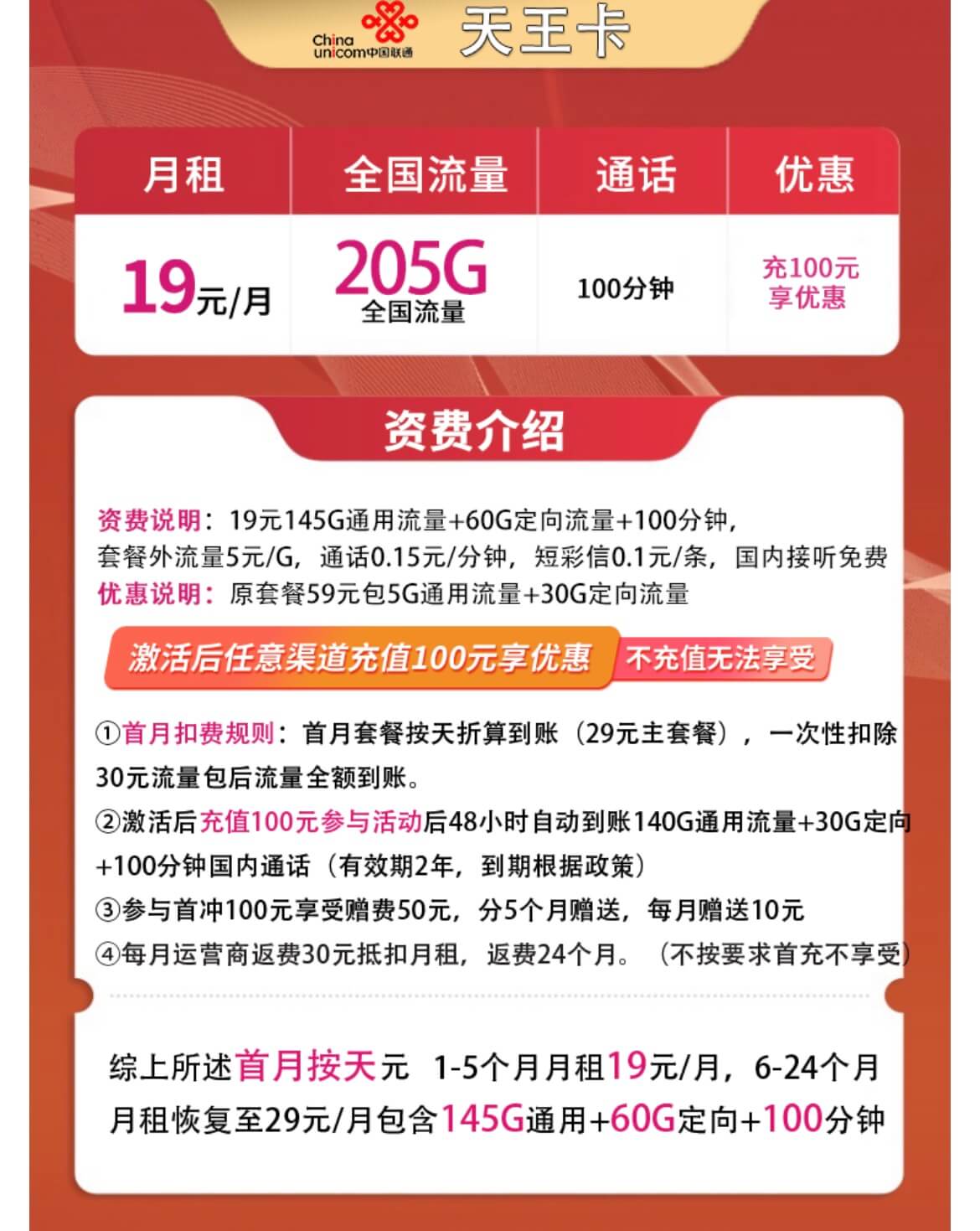联通天王卡19元套餐怎么样？（19元/月，205G全国流量+100分钟通话）